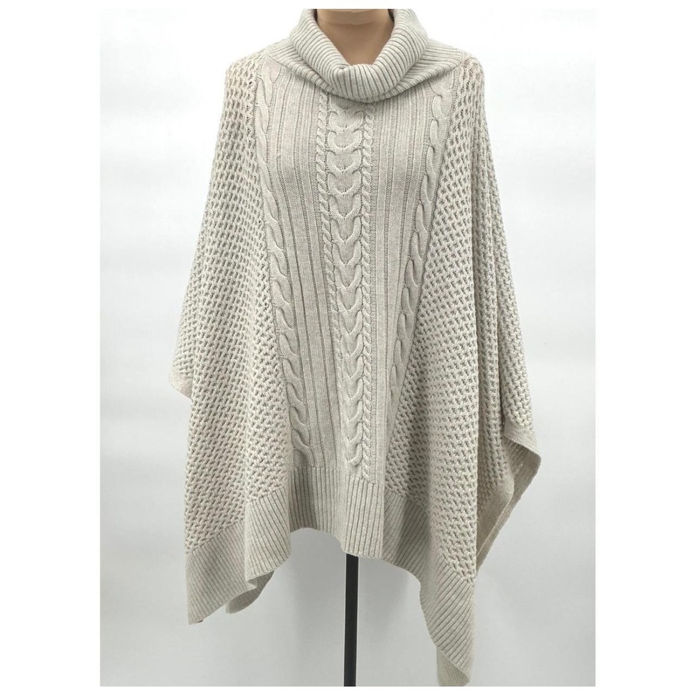 Lululemon‎ Cozy Merino Wool Blend Cable Knit Turtleneck Poncho OS Beige